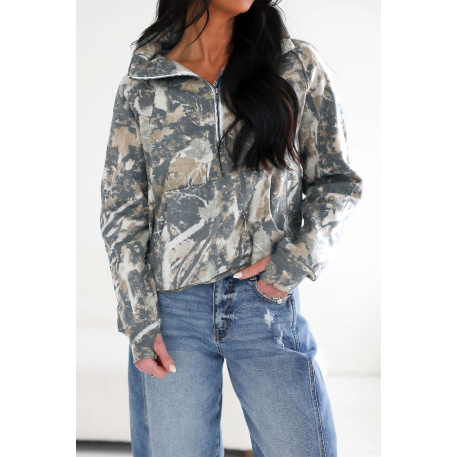 Multicolour Abstract Print Quarter Zip Kangaroo Pocket Sweatshirt Tops/Sweatshirts & Hoodies