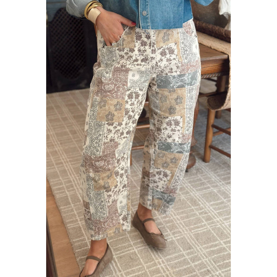 Multicolour Boho Floral Patchwork Western Print Straight Leg Ankle-Length Jeans / 4 Bottoms/Jeans