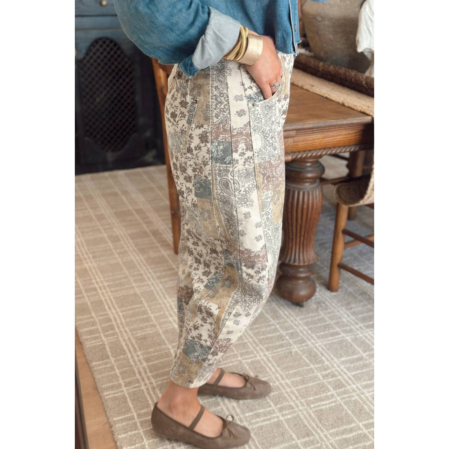 Multicolour Boho Floral Patchwork Western Print Straight Leg Ankle-Length Jeans Bottoms/Jeans