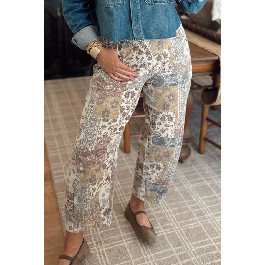 Multicolour Boho Floral Patchwork Western Print Straight Leg Ankle-Length Jeans Bottoms/Jeans