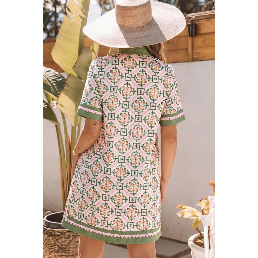 Multicolour Boho Geometric Flower Print Short Sleeve Loose Mini Dress Apparel and Accessories