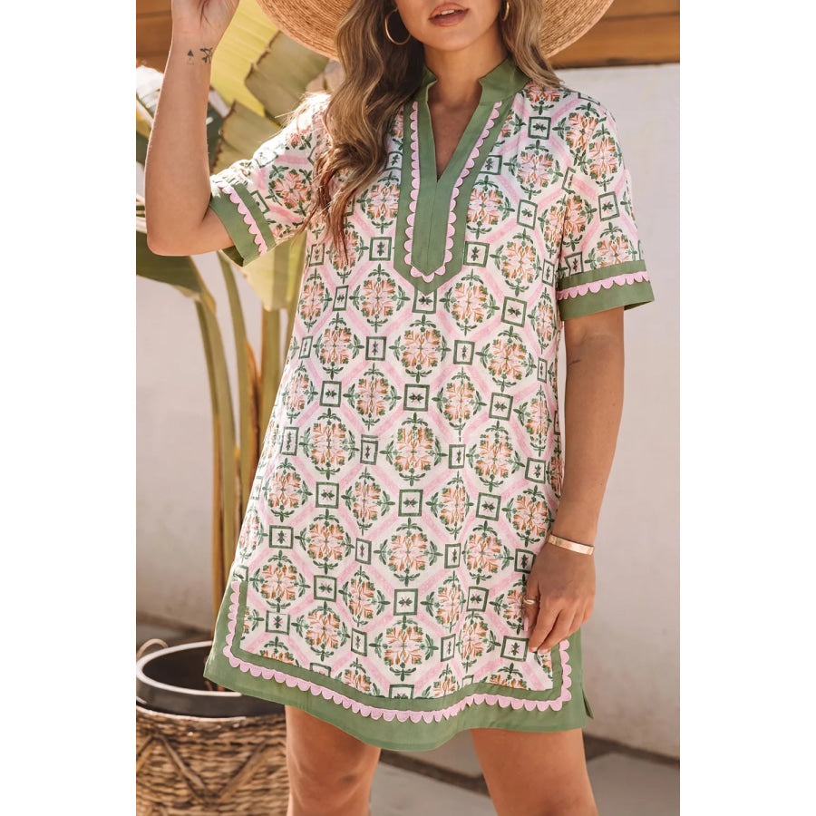 Multicolour Boho Geometric Flower Print Short Sleeve Loose Mini Dress Floral / S Apparel and Accessories