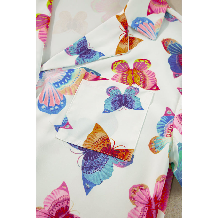 Multicolour Butterfly Pattern Short Sleeve Shirt Pajamas Set Loungewear & Sleepwear/Sleepwear