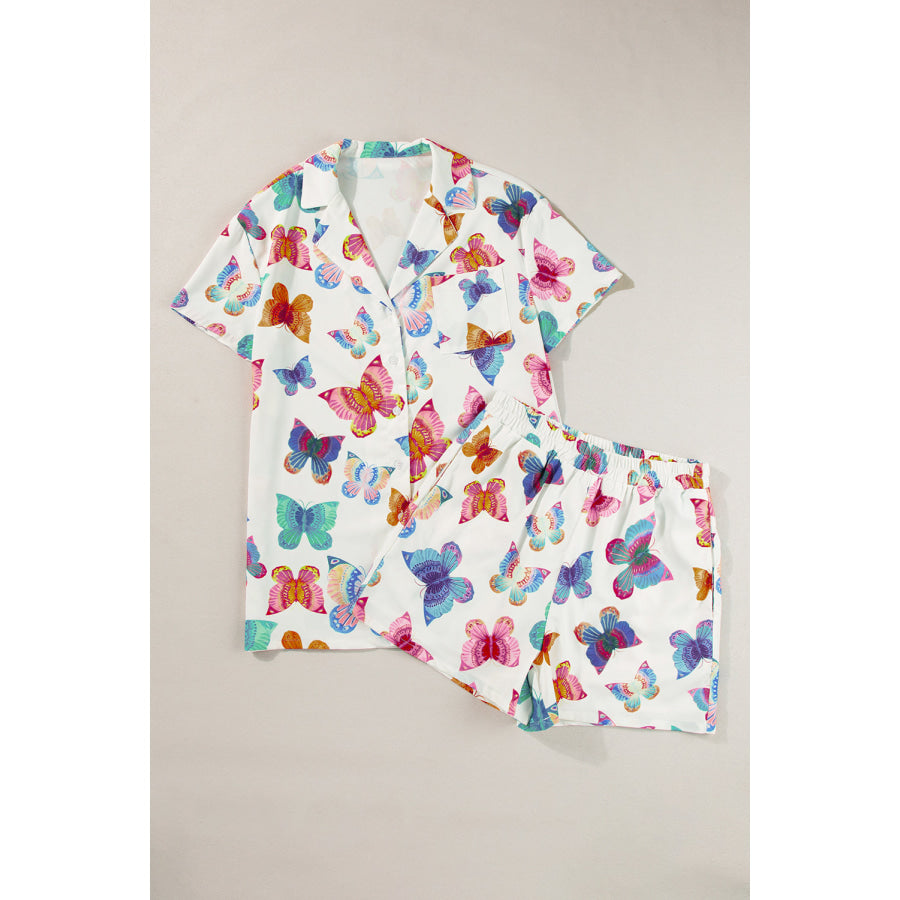 Multicolour Butterfly Pattern Short Sleeve Shirt Pajamas Set Loungewear & Sleepwear/Sleepwear