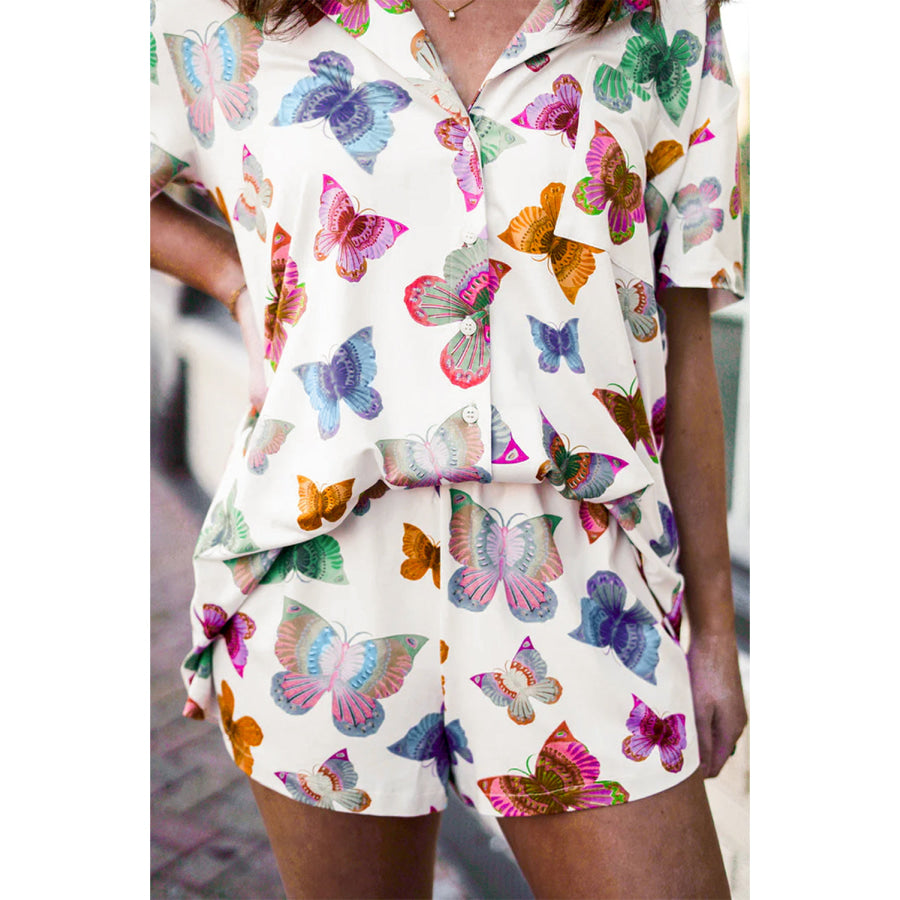 Multicolour Butterfly Pattern Short Sleeve Shirt Pajamas Set Loungewear & Sleepwear/Sleepwear