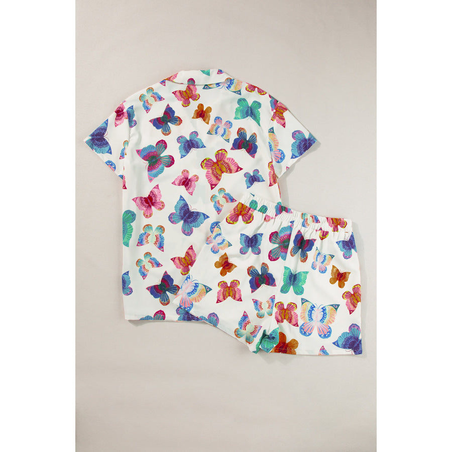 Multicolour Butterfly Pattern Short Sleeve Shirt Pajamas Set Loungewear & Sleepwear/Sleepwear