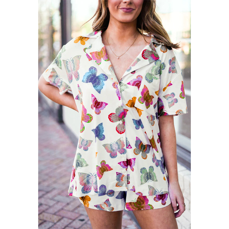 Multicolour Butterfly Pattern Short Sleeve Shirt Pajamas Set Multicolour / S / 100% Polyester Loungewear & Sleepwear/Sleepwear