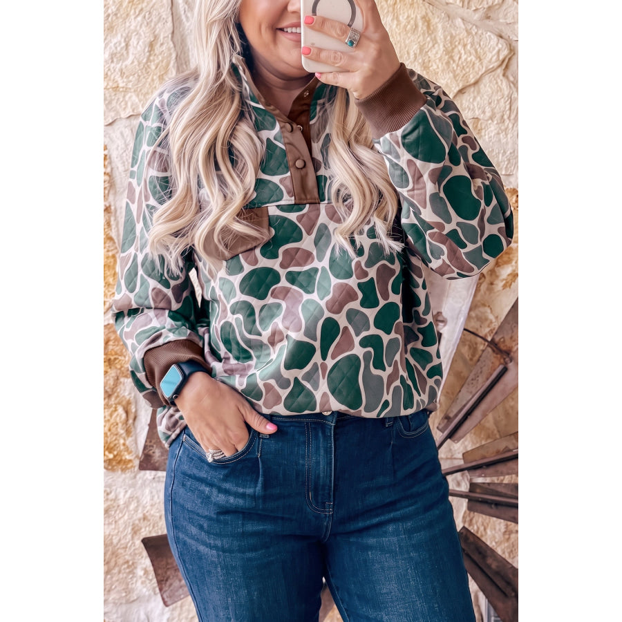 Multicolour Buttoned Stand Neck Plus Size Camo Sweatshirt / 1X / 95% Polyester + 5% Elastane Size/Plus Sweatshirts & Hoodies