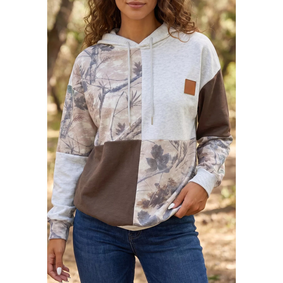 Multicolour Camo Print Drawstring Long Sleeve Western Style Hoodie Mocha / S Apparel and Accessories