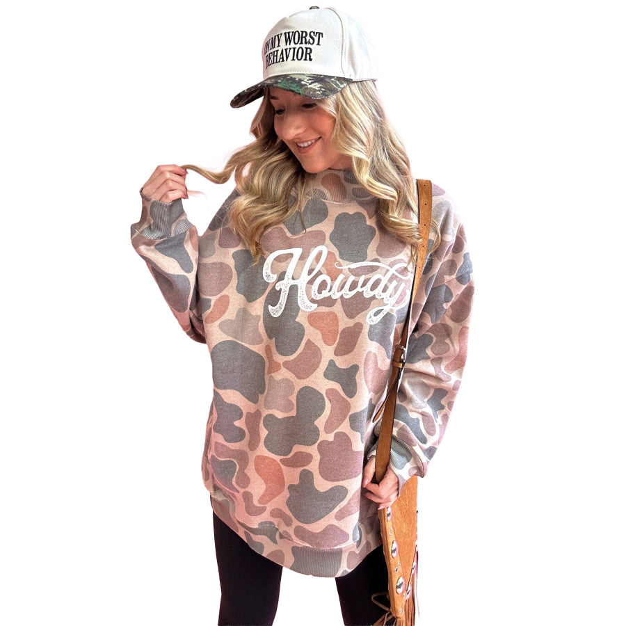 Multicolour Camo Print Howdy Western Style Baggy Pullover Sweatshirt Tops/Sweatshirts & Hoodies
