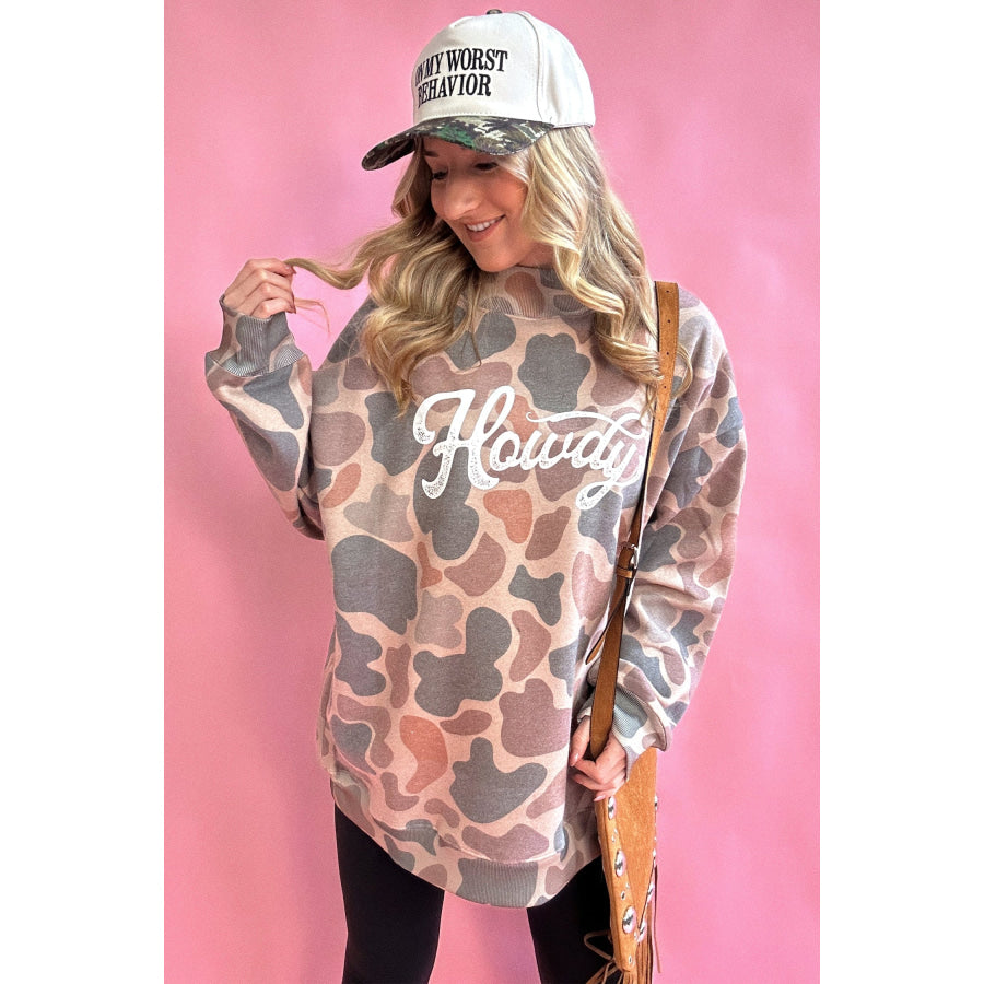Multicolour Camo Print Howdy Western Style Baggy Pullover Sweatshirt Tops/Sweatshirts & Hoodies