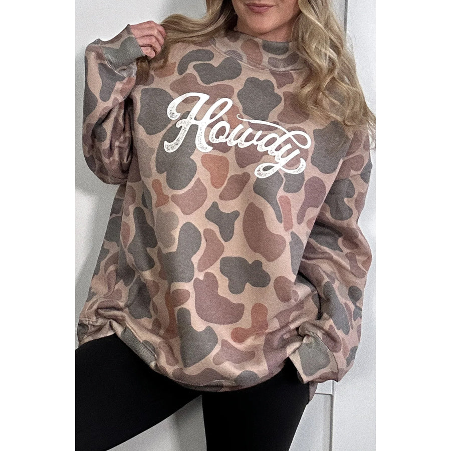Multicolour Camo Print Howdy Western Style Baggy Pullover Sweatshirt Tops/Sweatshirts & Hoodies