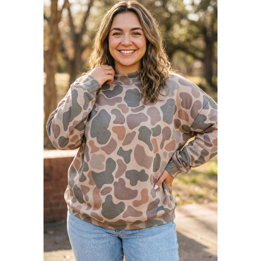 Multicolour Camo Print Ribbed Mock Neck Plus Size Sweatshirt Plus Size/Plus Size Sweatshirts & Hoodies
