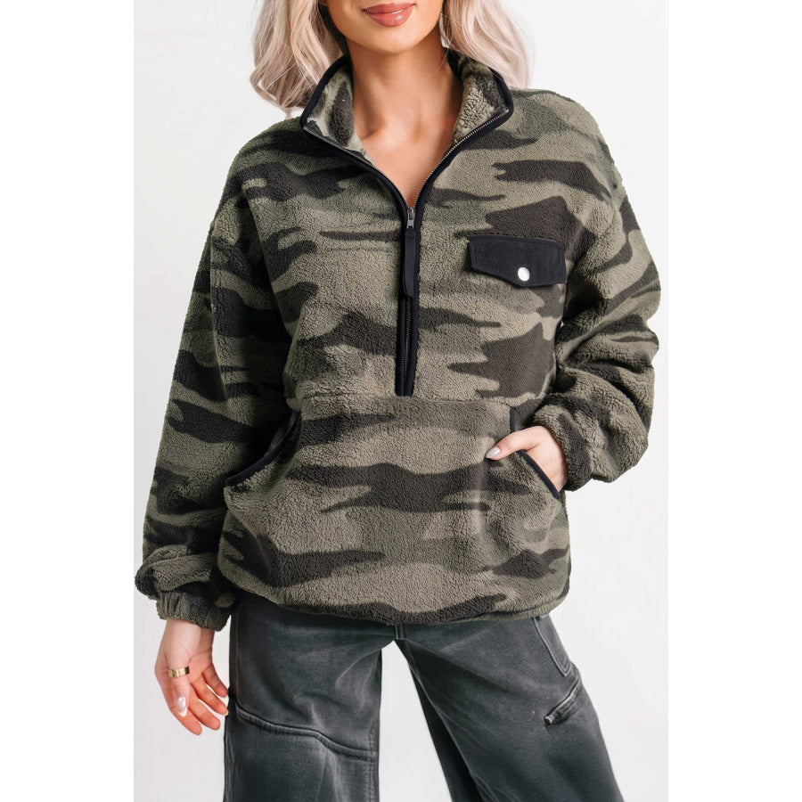 Multicolour Camouflage Fleece Half Zip-Up Long Sleeve Pocket Sweatshirt / S / 100% Polyester Tops/Sweatshirts & Hoodies