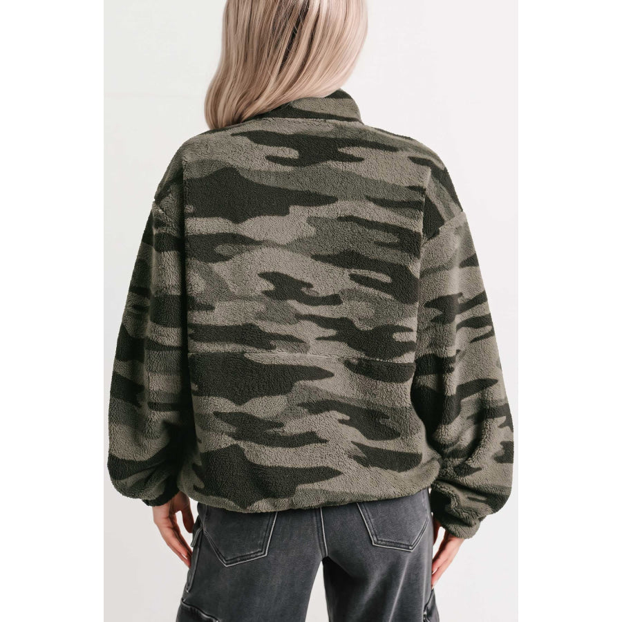 Multicolour Camouflage Fleece Half Zip-Up Long Sleeve Pocket Sweatshirt Tops/Sweatshirts & Hoodies