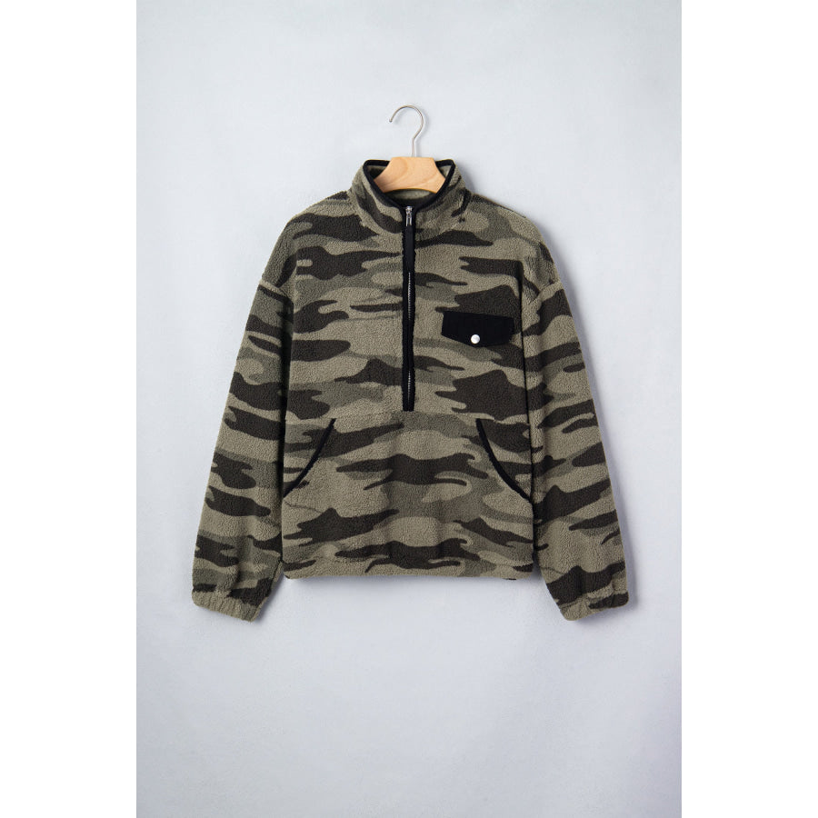 Multicolour Camouflage Fleece Half Zip-Up Long Sleeve Pocket Sweatshirt Tops/Sweatshirts & Hoodies