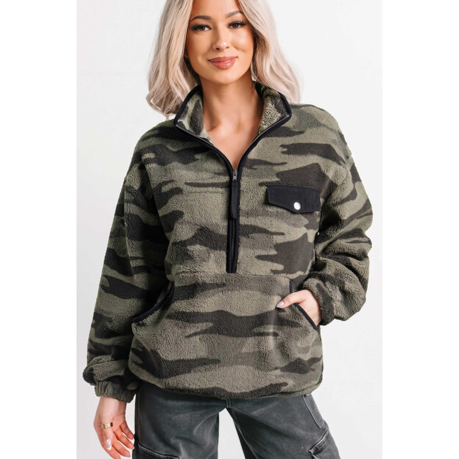 Multicolour Camouflage Fleece Half Zip-Up Long Sleeve Pocket Sweatshirt Tops/Sweatshirts & Hoodies