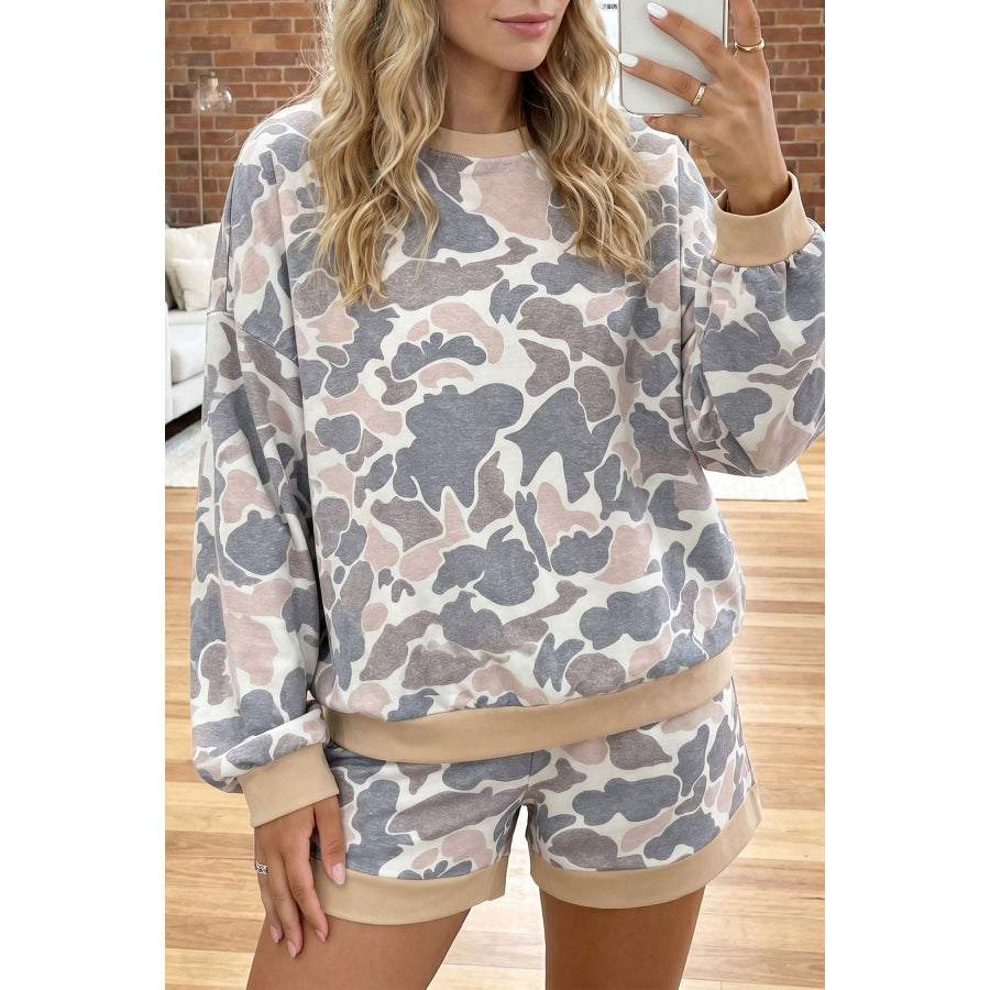 Multicolour Camouflage Patchwork Colorblock 2pcs Long Sleeve Top and Shorts Set Multicolour / S Two Piece Sets/Short Sets