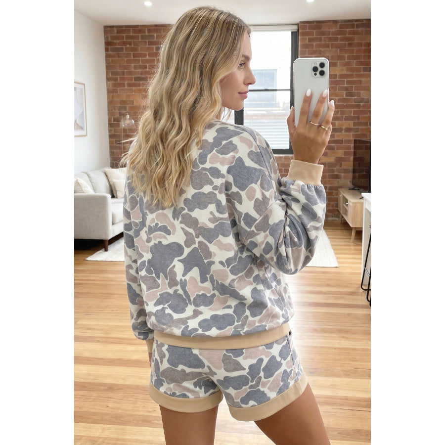Multicolour Camouflage Patchwork Colorblock 2pcs Long Sleeve Top and Shorts Set Multicolour / S Two Piece Sets/Short Sets