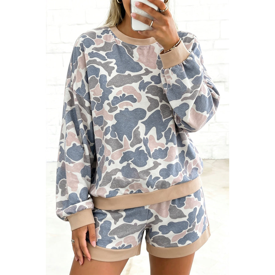 Multicolour Camouflage Patchwork Colorblock 2pcs Long Sleeve Top and Shorts Set Two Piece Sets/Short Sets