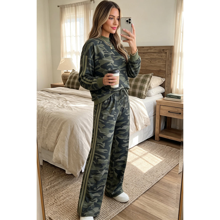 Multicolour Camouflage Patchwork Striped Detail Long Sleeve Top Casual Pants Set / S Two Piece Sets/Pant Sets