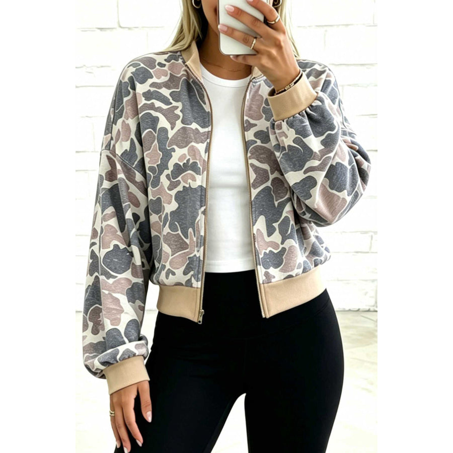 Multicolour Camouflage Print Color Block Trim Zip Bomber Sweatshirt Multicolour / S Tops/Sweatshirts & Hoodies