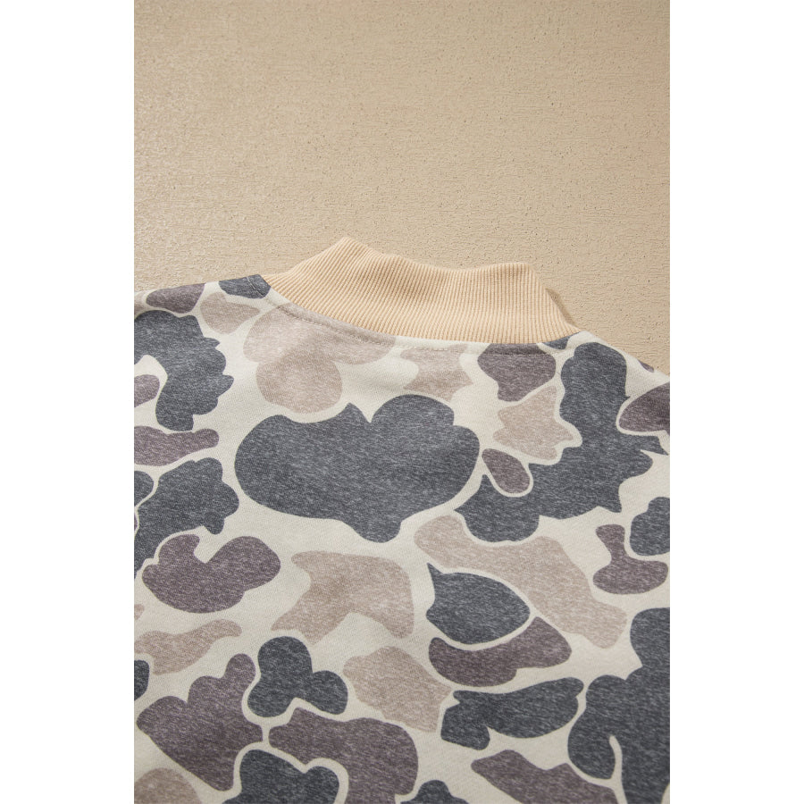 Multicolour Camouflage Print Color Block Trim Zip Bomber Sweatshirt Tops/Sweatshirts & Hoodies