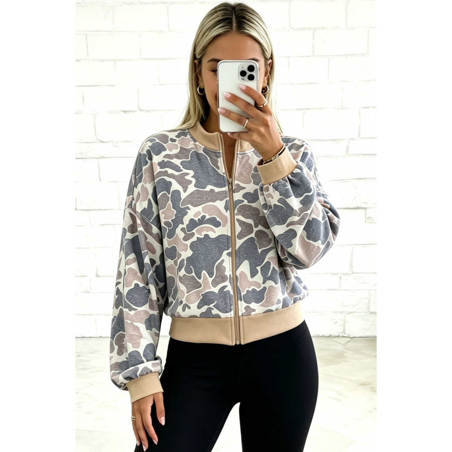 Multicolour Camouflage Print Color Block Trim Zip Bomber Sweatshirt Tops/Sweatshirts & Hoodies