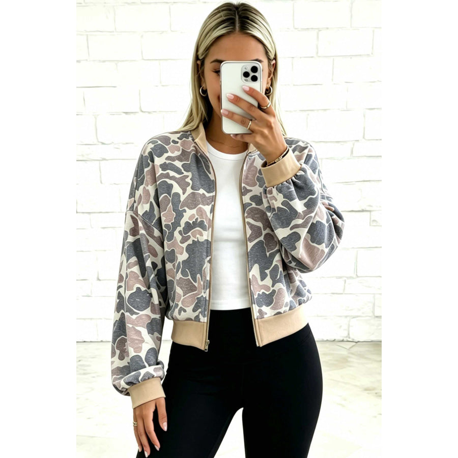 Multicolour Camouflage Print Color Block Trim Zip Bomber Sweatshirt Tops/Sweatshirts & Hoodies