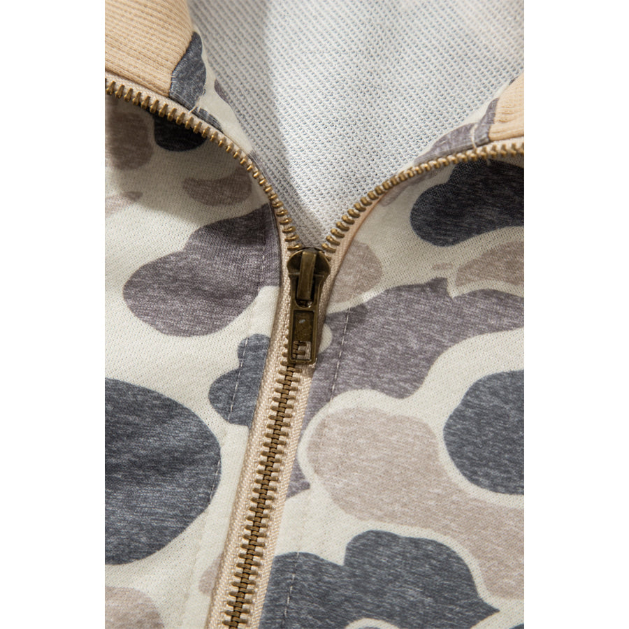 Multicolour Camouflage Print Color Block Trim Zip Bomber Sweatshirt Tops/Sweatshirts & Hoodies
