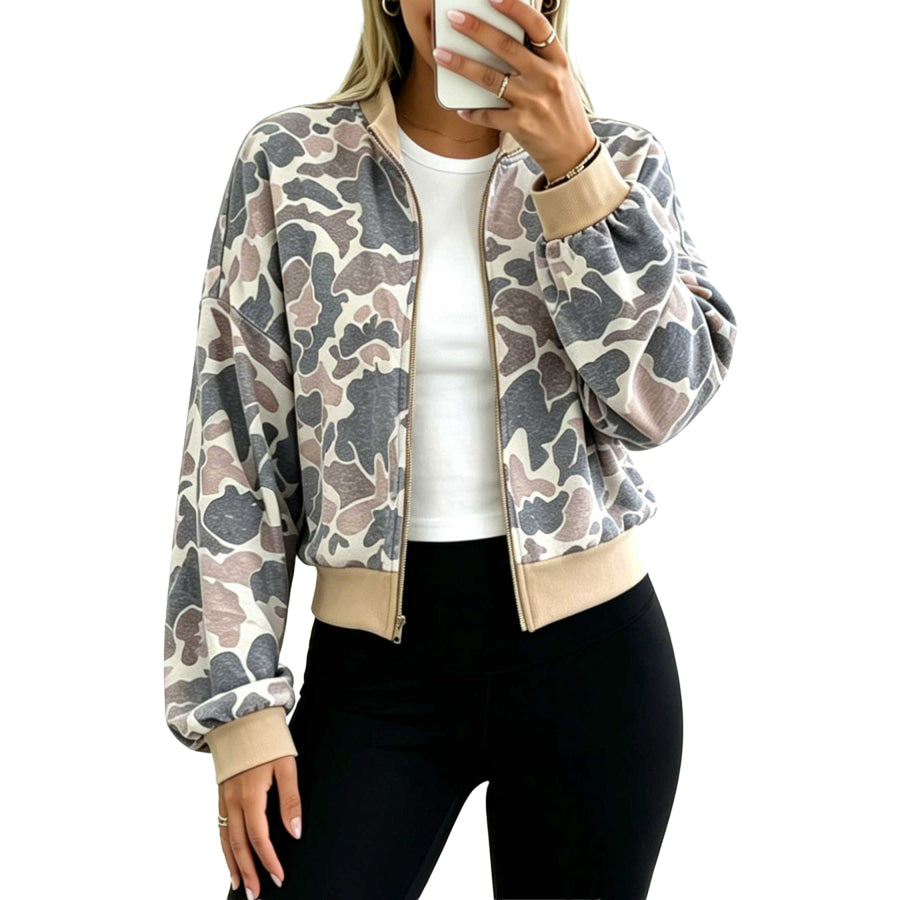 Multicolour Camouflage Print Color Block Trim Zip Bomber Sweatshirt Tops/Sweatshirts & Hoodies