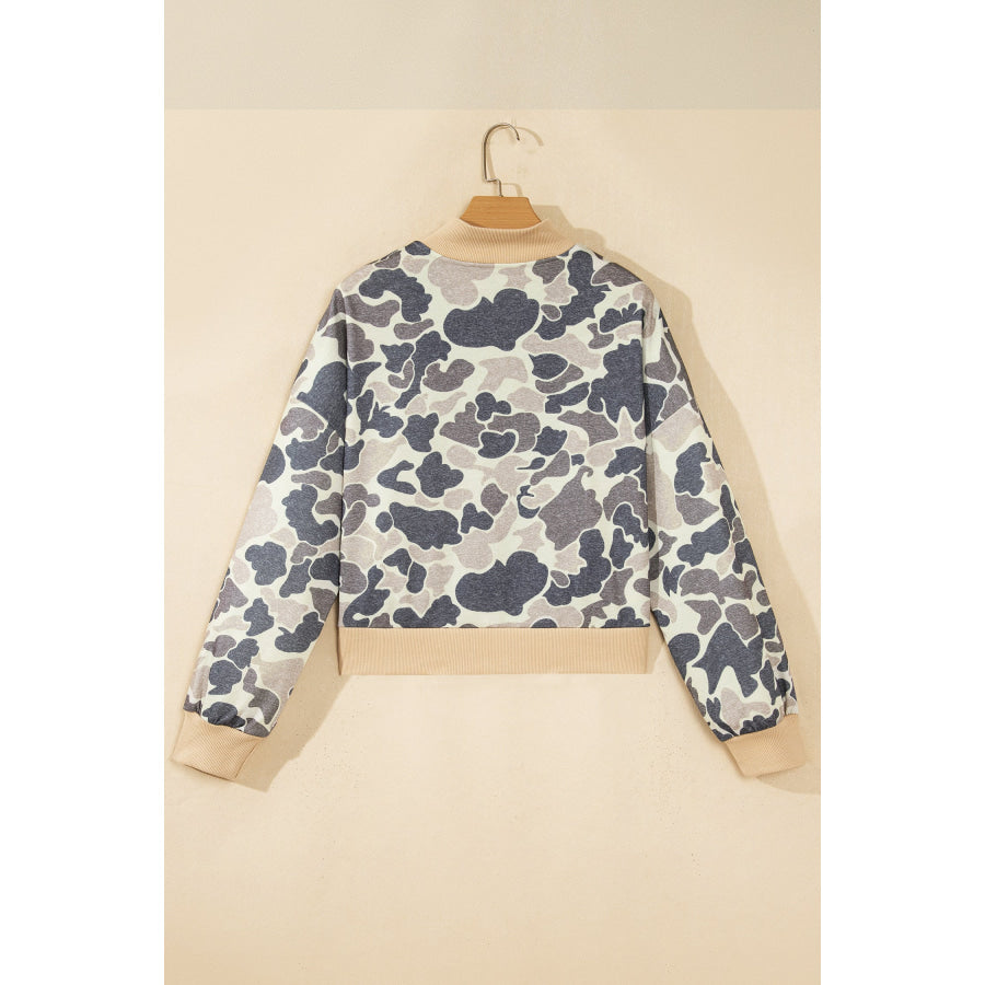 Multicolour Camouflage Print Color Block Trim Zip Bomber Sweatshirt Tops/Sweatshirts & Hoodies