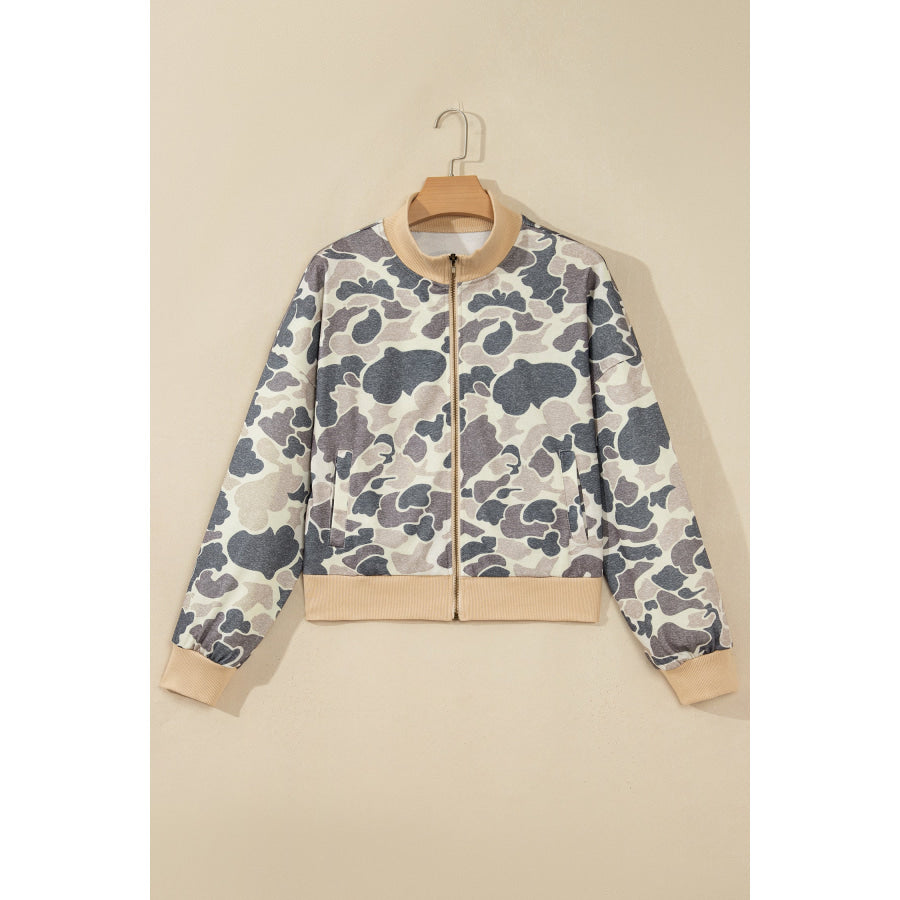 Multicolour Camouflage Print Color Block Trim Zip Bomber Sweatshirt Tops/Sweatshirts & Hoodies