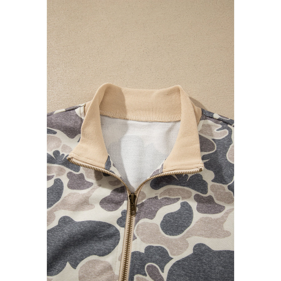 Multicolour Camouflage Print Color Block Trim Zip Bomber Sweatshirt Tops/Sweatshirts & Hoodies