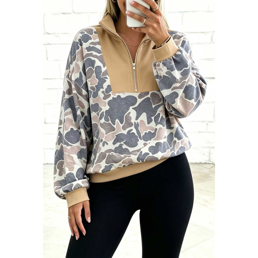 Multicolour Camouflage Print Color Block Trim Zipper Stand Neck Pullover Sweatshirt / S / 100% Polyester Tops/Sweatshirts & Hoodies