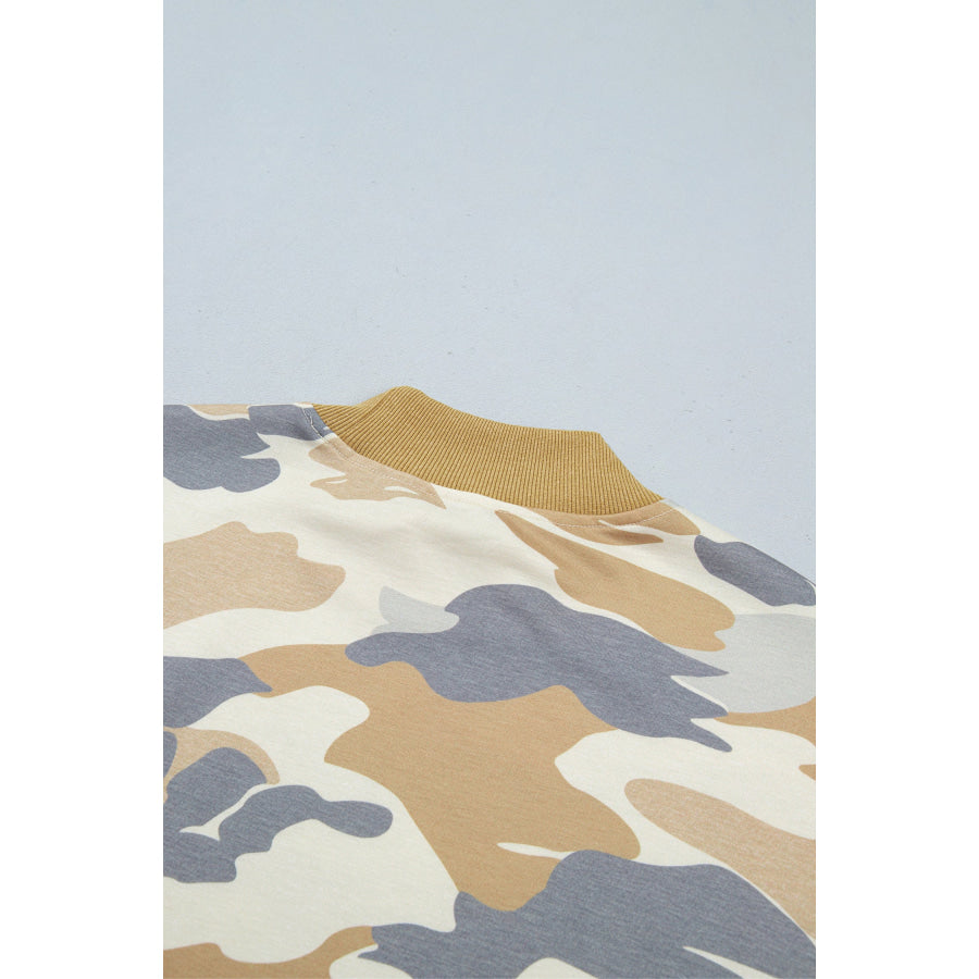 Multicolour Camouflage Print Long Sleeve Top Drawstring Shorts Set Two Piece Sets/Short Sets