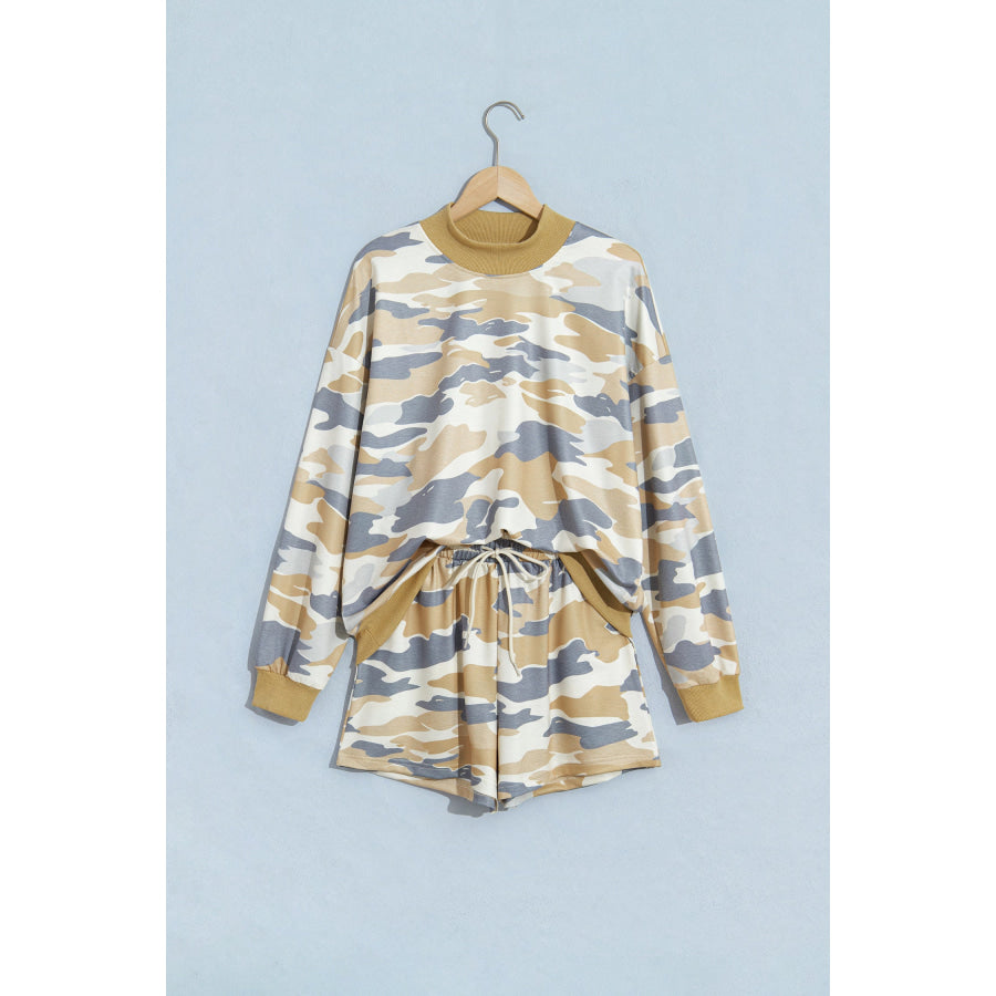 Multicolour Camouflage Print Long Sleeve Top Drawstring Shorts Set Two Piece Sets/Short Sets