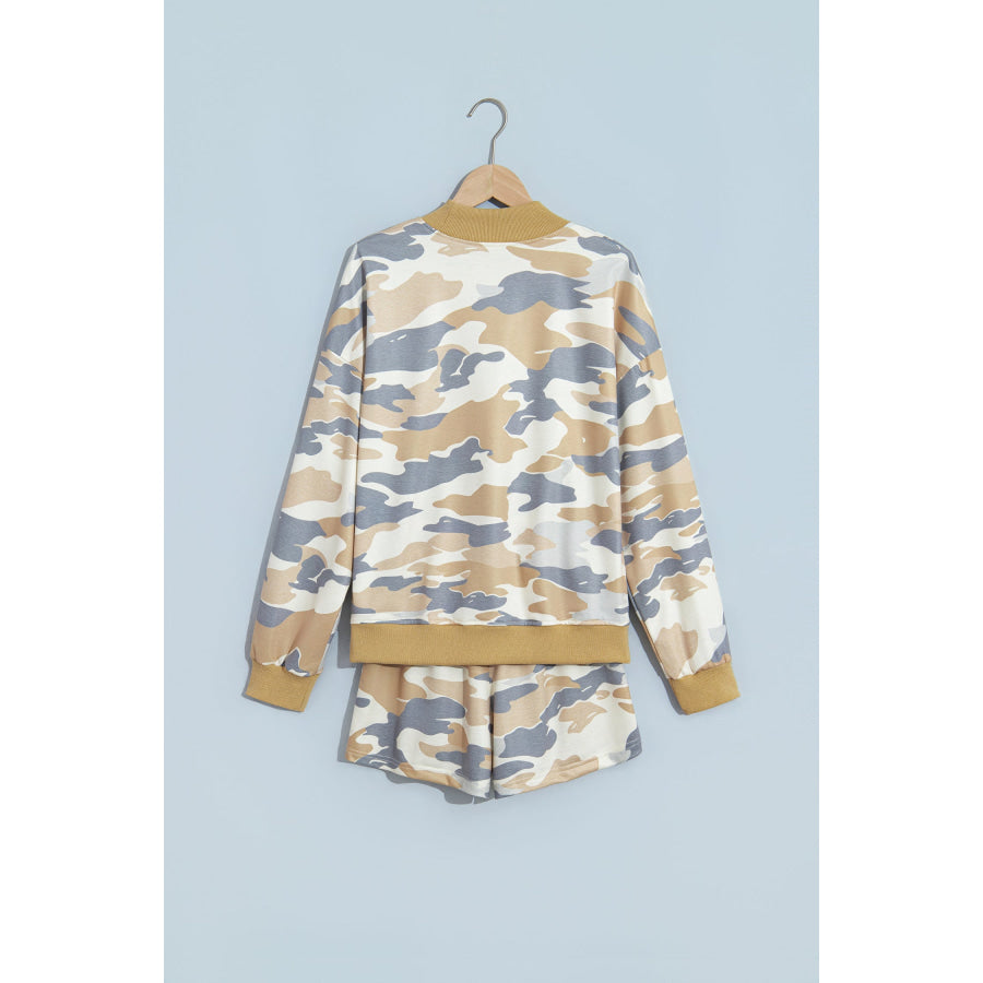 Multicolour Camouflage Print Long Sleeve Top Drawstring Shorts Set Two Piece Sets/Short Sets