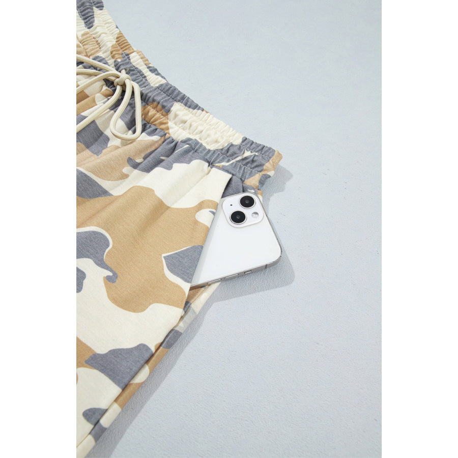 Multicolour Camouflage Print Long Sleeve Top Drawstring Shorts Set Two Piece Sets/Short Sets