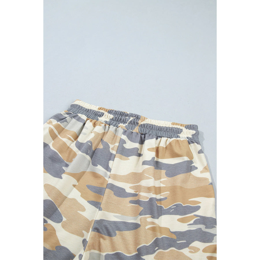 Multicolour Camouflage Print Long Sleeve Top Drawstring Shorts Set Two Piece Sets/Short Sets