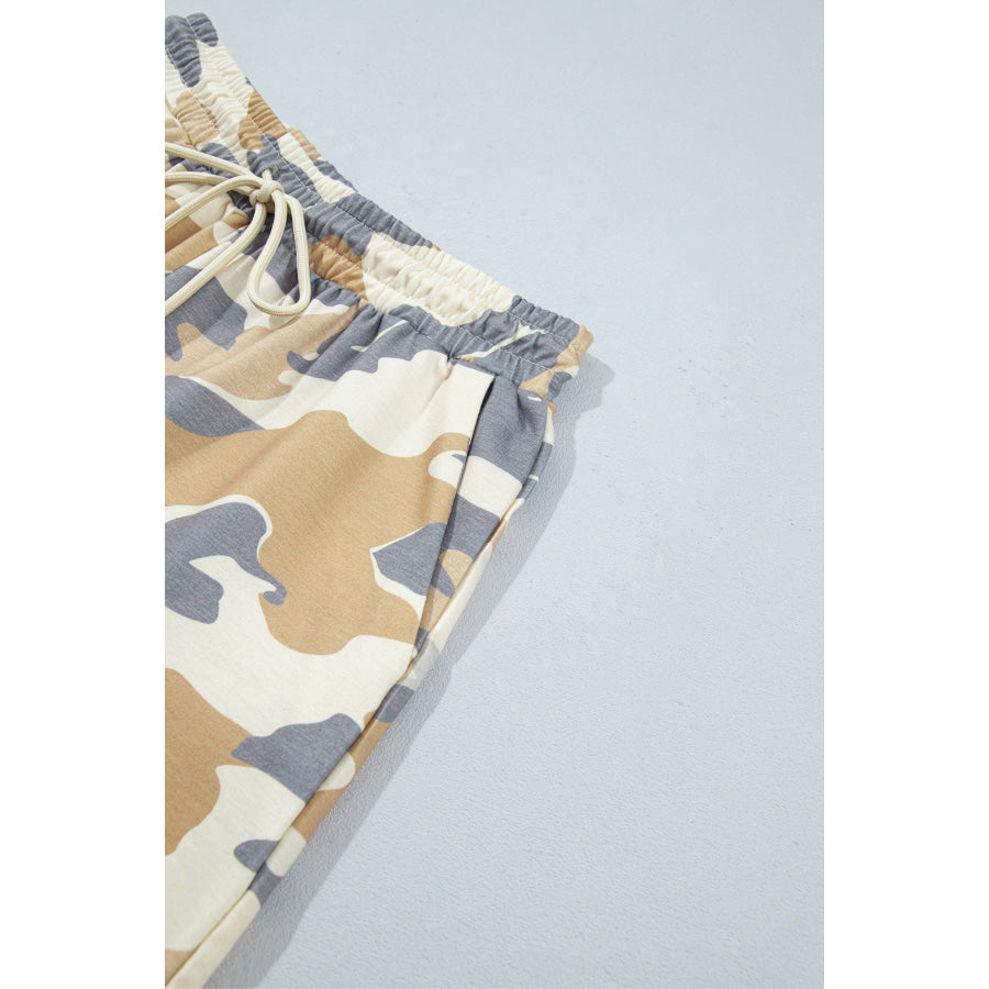 Multicolour Camouflage Print Long Sleeve Top Drawstring Shorts Set Two Piece Sets/Short Sets