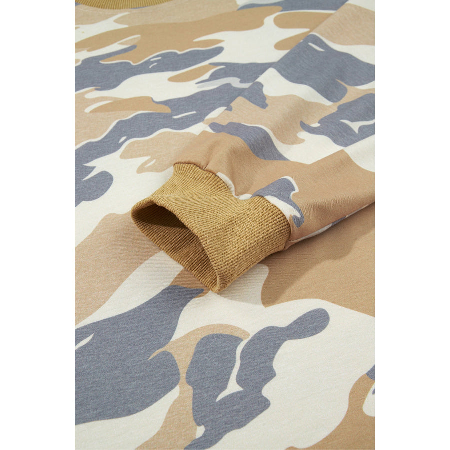 Multicolour Camouflage Print Long Sleeve Top Drawstring Shorts Set Two Piece Sets/Short Sets