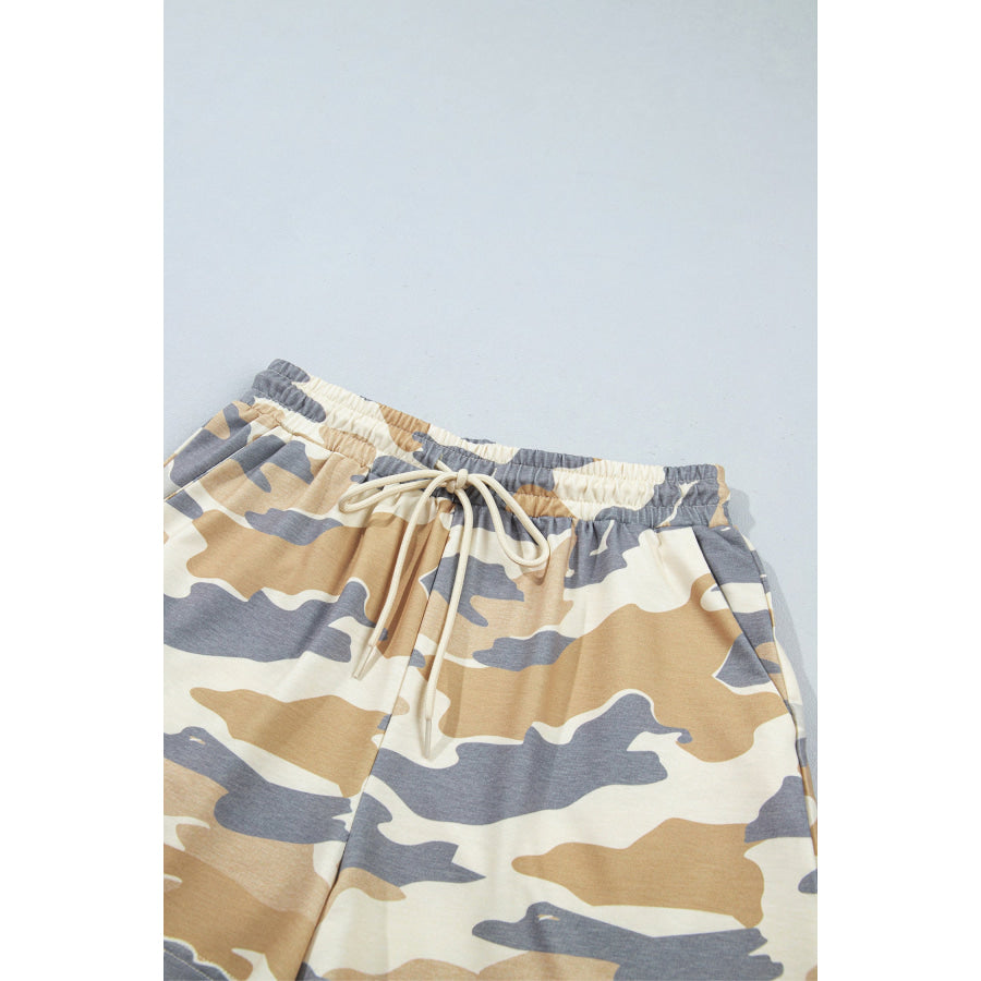 Multicolour Camouflage Print Long Sleeve Top Drawstring Shorts Set Two Piece Sets/Short Sets