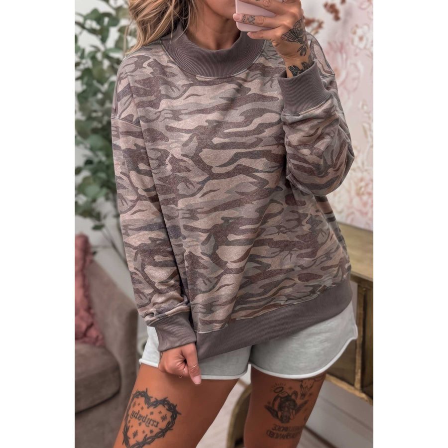 Multicolour Camouflage Print Mock Neck Casual Pullover Sweatshirt / S Tops/Sweatshirts & Hoodies
