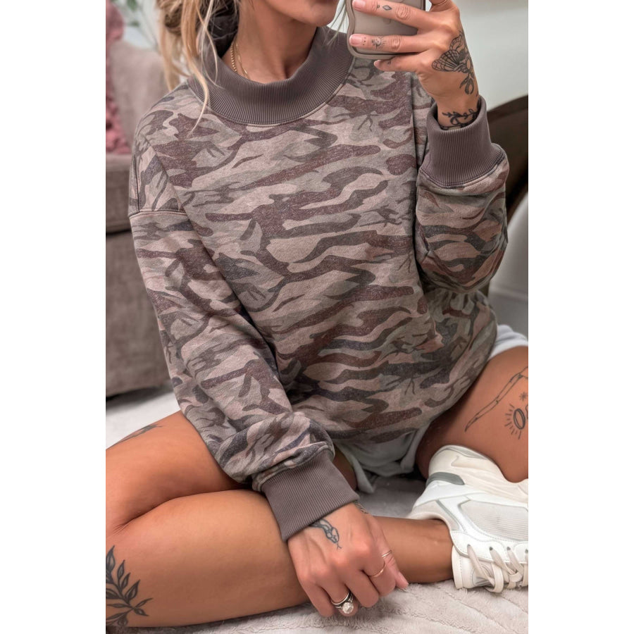 Multicolour Camouflage Print Mock Neck Casual Pullover Sweatshirt Tops/Sweatshirts & Hoodies