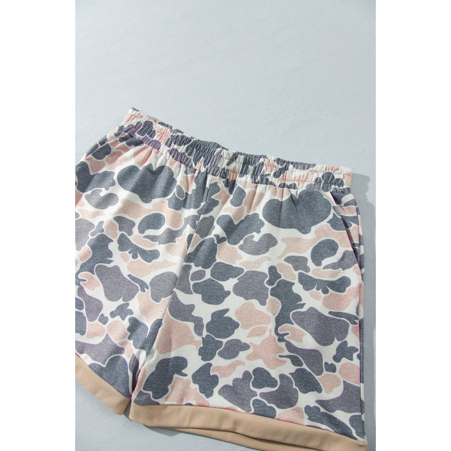 Multicolour Camouflage Print Round Neck Drop Shoulder Pullover Plus Size Shorts Set Size/Plus Loungewear