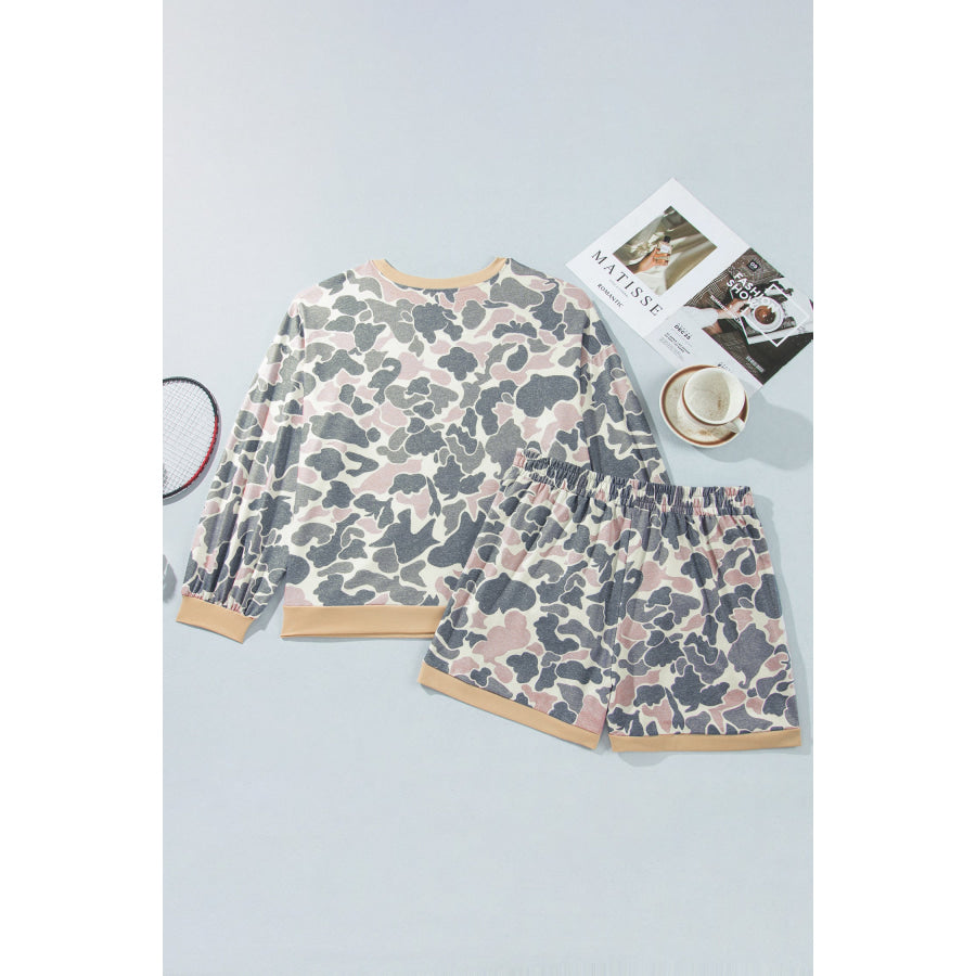 Multicolour Camouflage Print Round Neck Drop Shoulder Pullover Plus Size Shorts Set Size/Plus Loungewear
