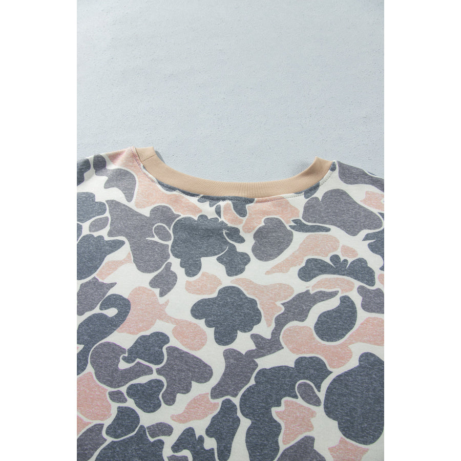 Multicolour Camouflage Print Round Neck Drop Shoulder Pullover Plus Size Shorts Set Size/Plus Loungewear
