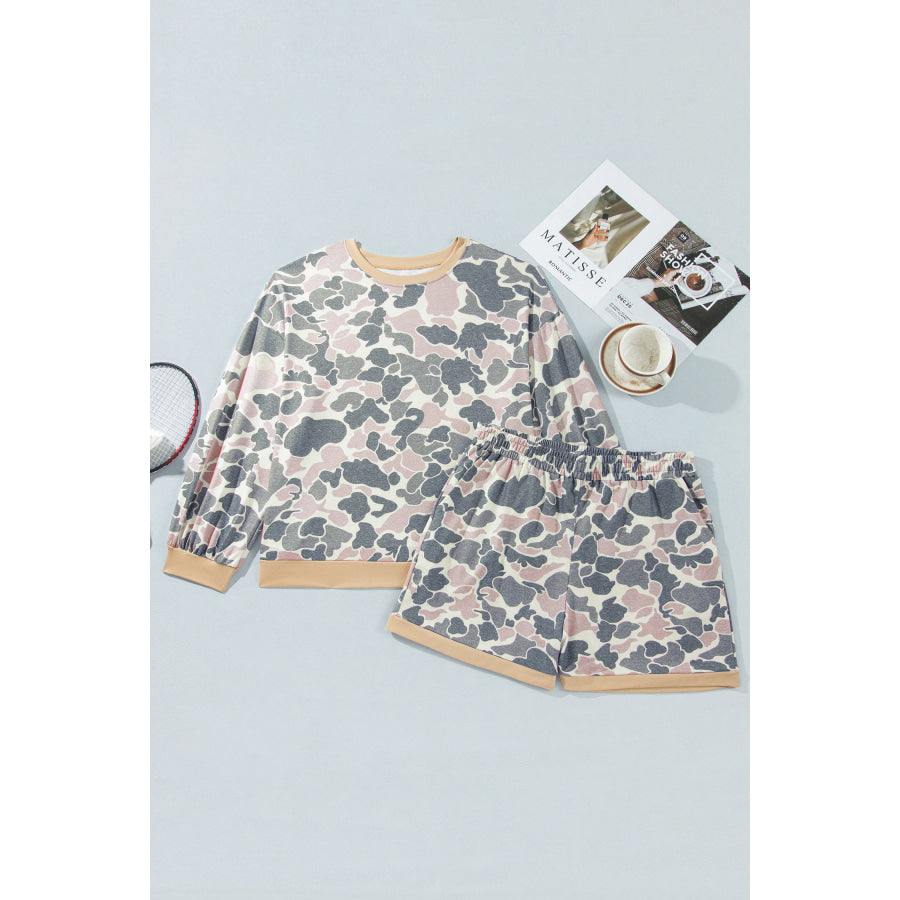 Multicolour Camouflage Print Round Neck Drop Shoulder Pullover Plus Size Shorts Set Size/Plus Loungewear