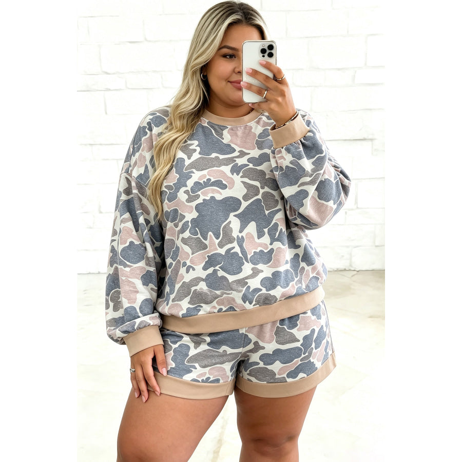 Multicolour Camouflage Print Round Neck Drop Shoulder Pullover Plus Size Shorts Set Plus Size/Plus Size Loungewear
